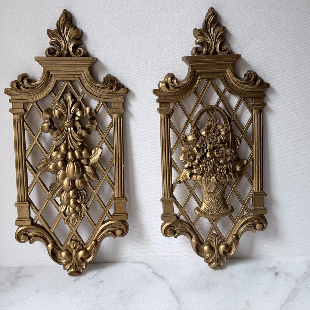 Elegant Gold Wall Decor Set vintage 1971 gold lattice wall plaques - Picture 2 of 11